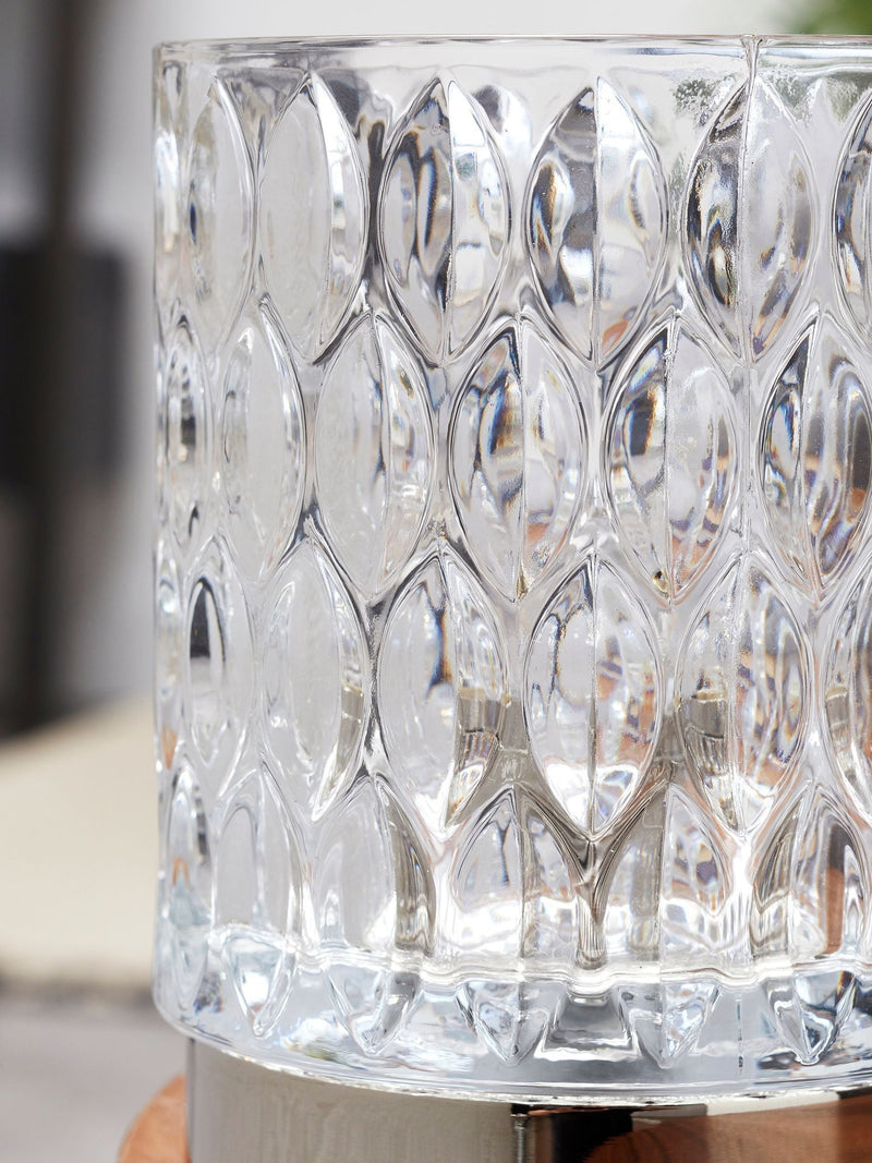 Chrome Cleo touch table lamp with faceted glass shade, UK version