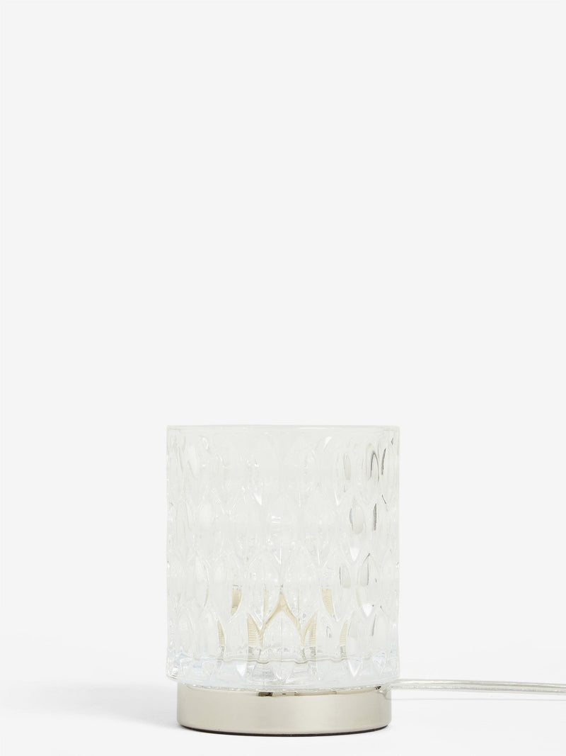 Chrome Cleo touch table lamp with faceted glass shade, UK version
