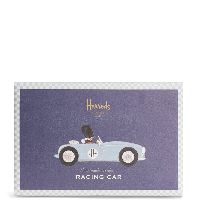 Harrods vintage-style wooden racing car toy with spinning wheels, UK version