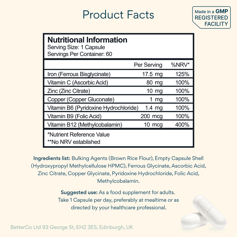 Bettervits Iron Complex supplement 60 capsules, imported from the UK