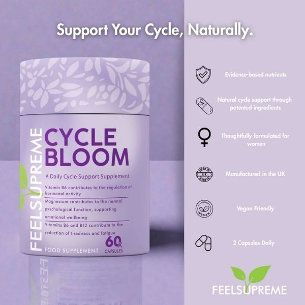 Feel Supreme Cycle Bloom menstrual support supplement 60 capsules, imported from the UK