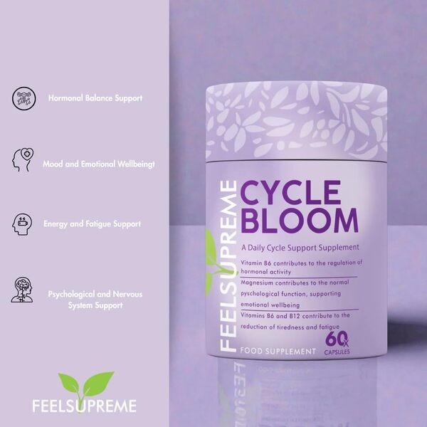Feel Supreme Cycle Bloom menstrual support supplement 60 capsules, imported from the UK