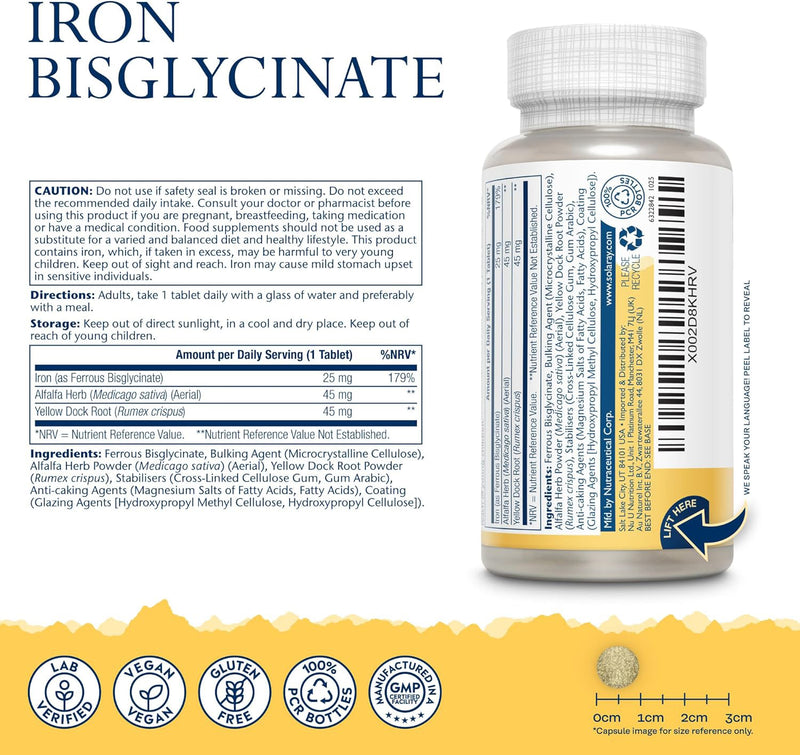 Solaray Iron Bisglycinate vegan tablets 60 count - British product