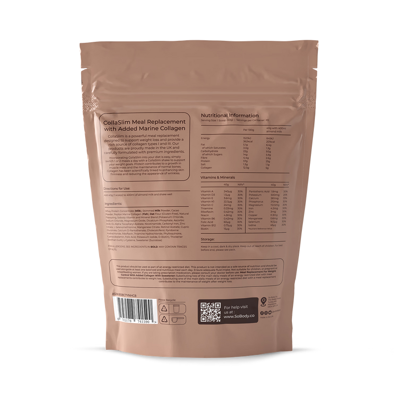 So Body Co CollaSlim chocolate shake 40g pack, imported from the UK