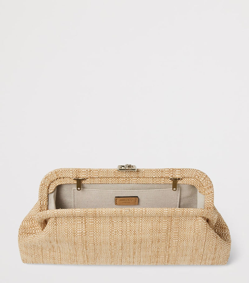 Jimmy Choo Skylar woven rafia clutch bag, imported from the UK