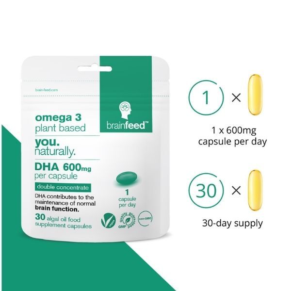 brain feed vegan DHA 600mg algae oil capsules, imported from the UK