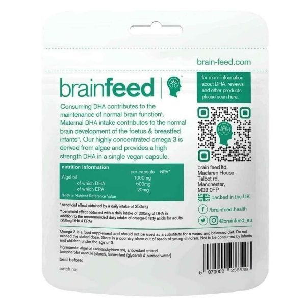 brain feed vegan DHA 600mg algae oil capsules, imported from the UK