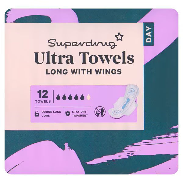 Superdrug long ultra sanitary towels with wings 12 pack (British brand)