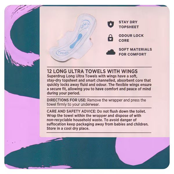 Superdrug long ultra sanitary towels with wings 12 pack (British brand)