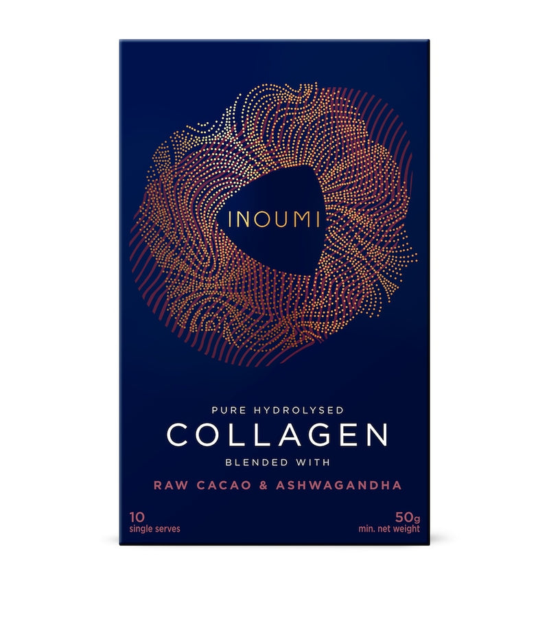 INOUMI collagen blend with raw cacao and ashwagandha sachets, imported from the UK