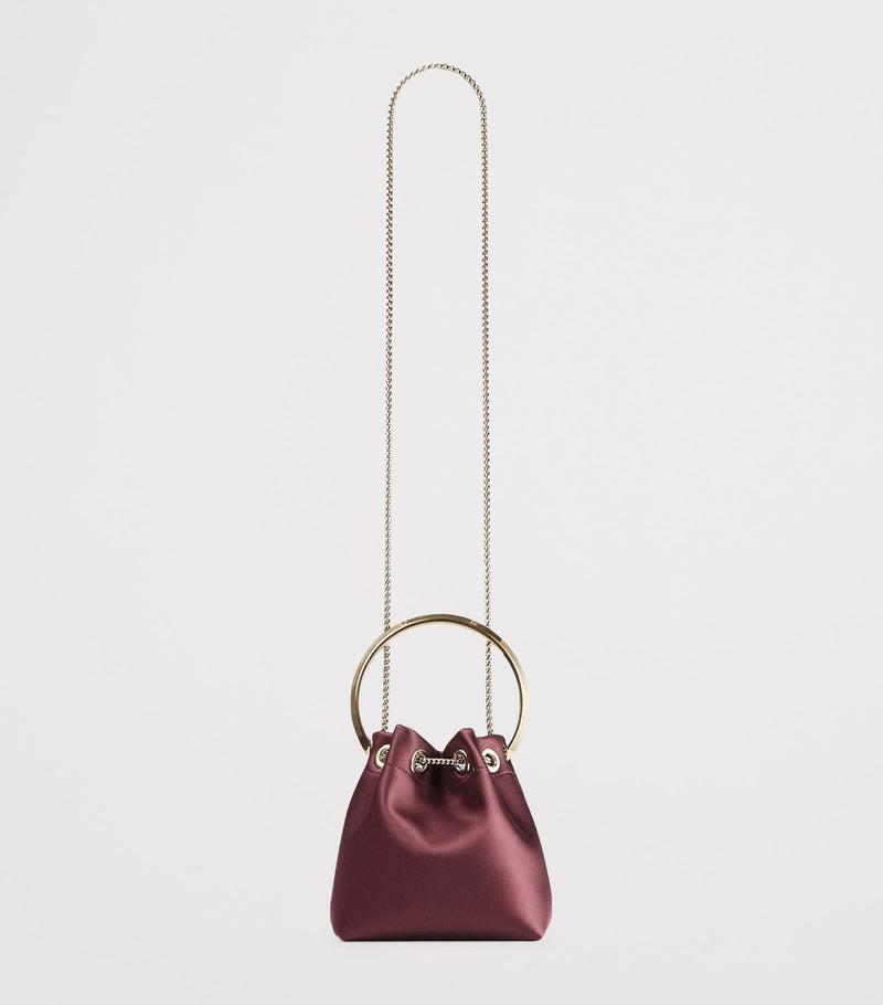 Jimmy Choo Bon Bon satin top-handle bag in claret, imported from the UK