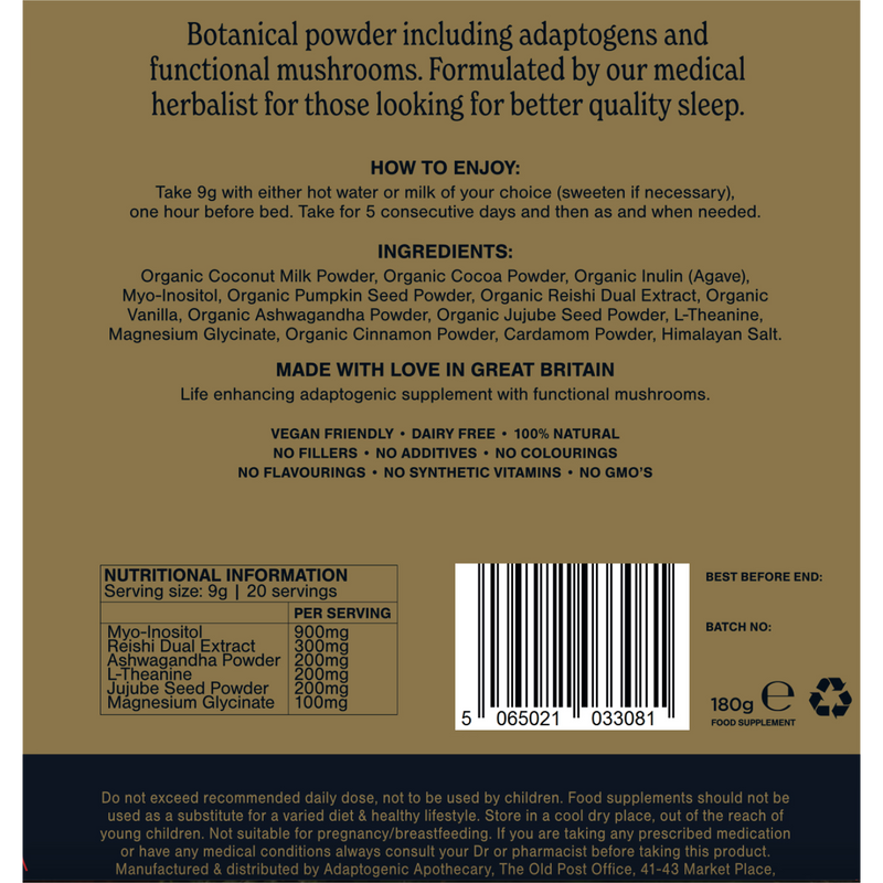 Adaptogenic Apothecary Peace bedtime drink powder 180g, UK version