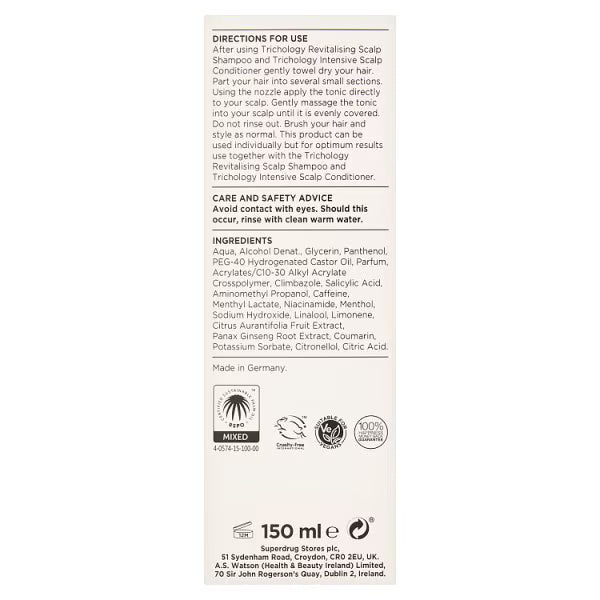 Superdrug Trichology Tonic Scalp Solution 150ml (British brand)