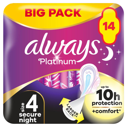 Always Platinum Secure Night Pads Wings Sanitary Towels, Size 4 x14