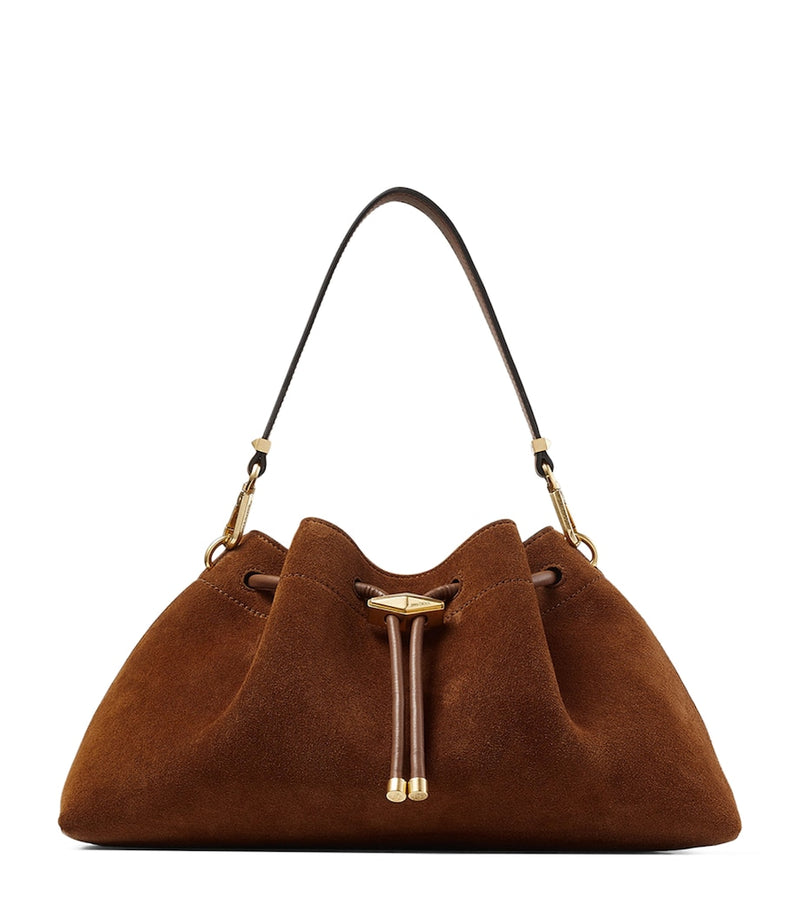 Jimmy Choo medium cinch suede shoulder bag, imported from the UK