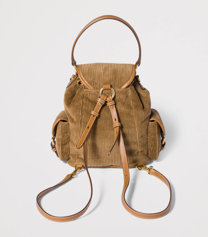 Miu Miu medium corduroy leather-trim backpack, imported from the UK