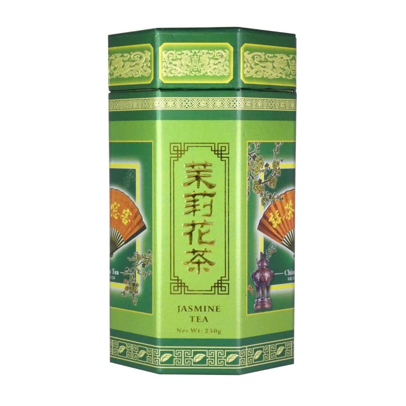 BBJ jasmine tea caddy with green tea leaves, imported from the UK