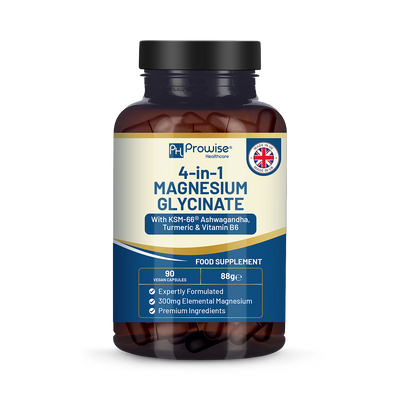 Holland & Barrett Prowise Healthcare 4-in-1 Magnesium Glycinate with KSM-66 Ashwagandha, Turmeric and Vitamin B6 90 Vegan Capsules- Buy online at McGrocer