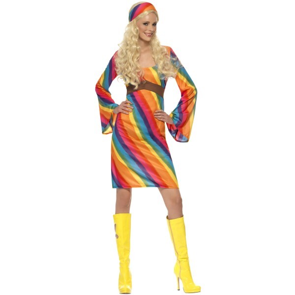 Smiffys rainbow hippie costume dress and headband (British brand)