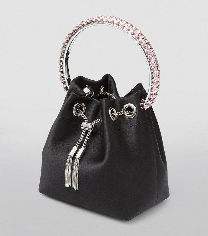 Jimmy Choo Bon Bon satin top-handle bag with crystal handle, imported from the UK