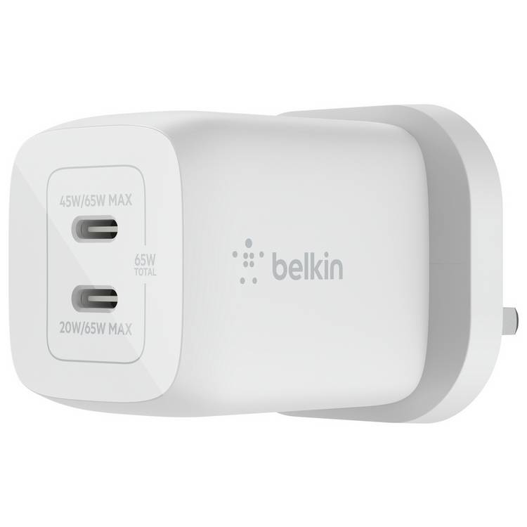Belkin 65W GaN dual USB-C wall charger white (British brand)