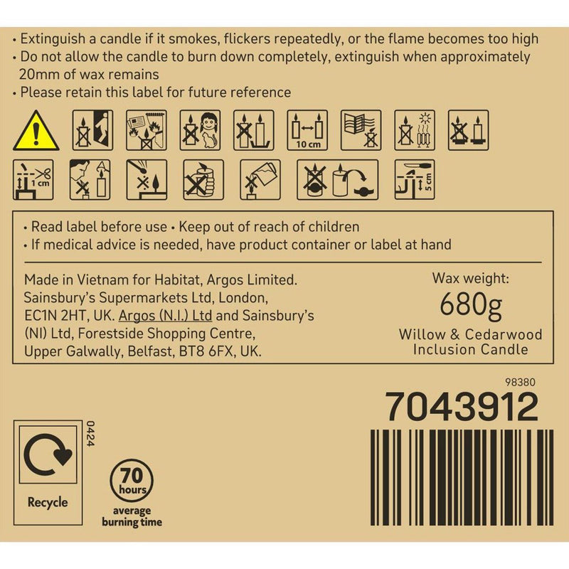 Habitat pillar candle Willow & Cedarwood 680g, UK version