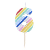 Sainsbury's Home printed number 6 candle with rainbow stripe design, imported from the UK