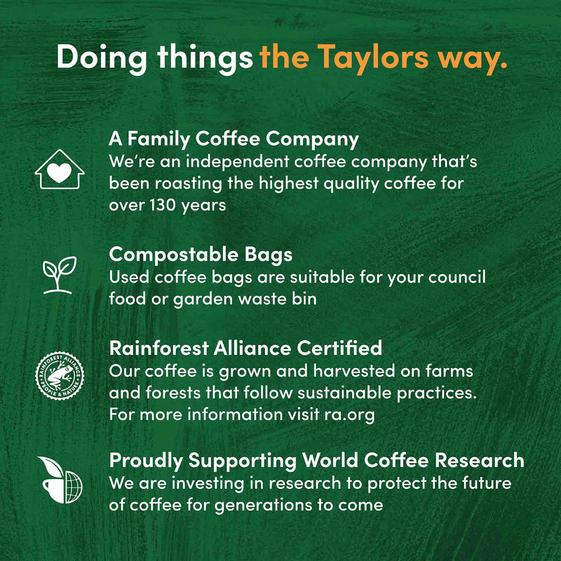 Taylors of Harrogate Hot Lava Java ground coffee bags 10 pack (British brand)