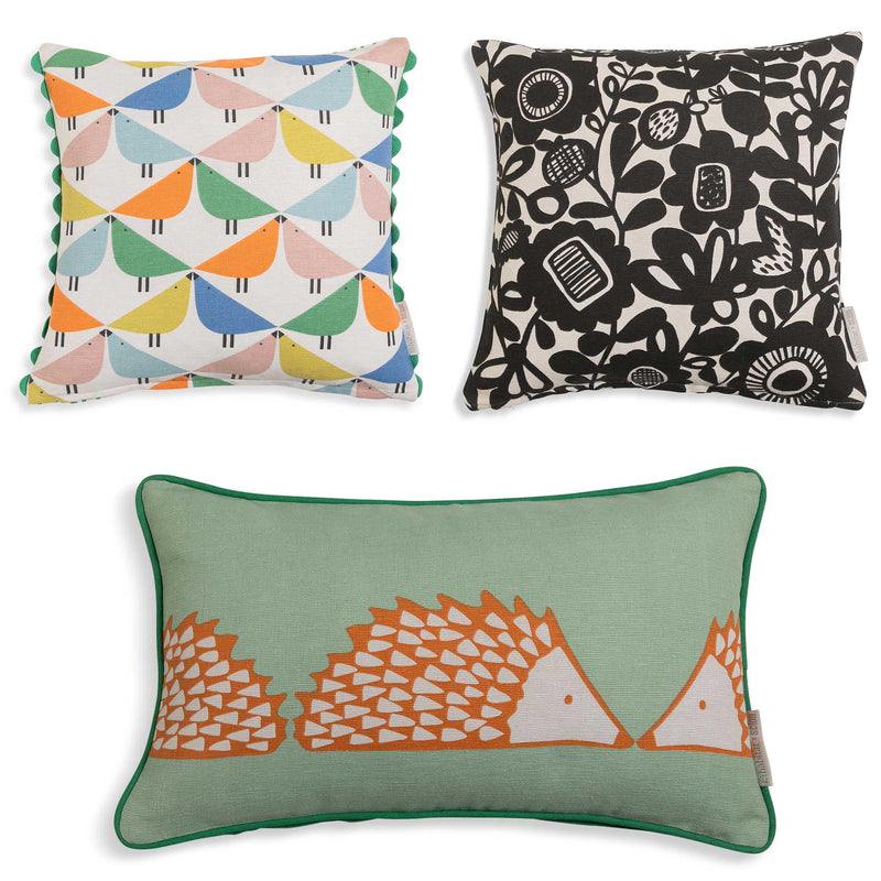 Hedgehog Printed Cushion with Cotton Cover and Green Piping, 50x30cm