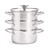 3-Tier Stainless Steel Steamer with Glass Lid, 18cm Diameter