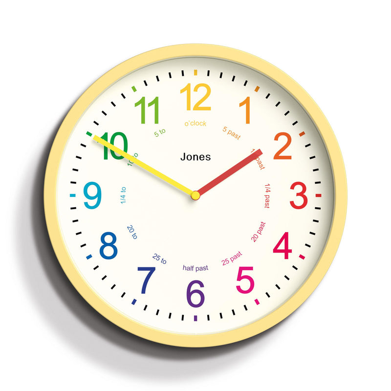 Jones Clocks kids analogue wall clock yellow, imported from the UK