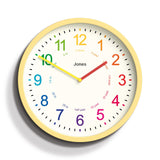 Jones Clocks kids analogue wall clock yellow, imported from the UK