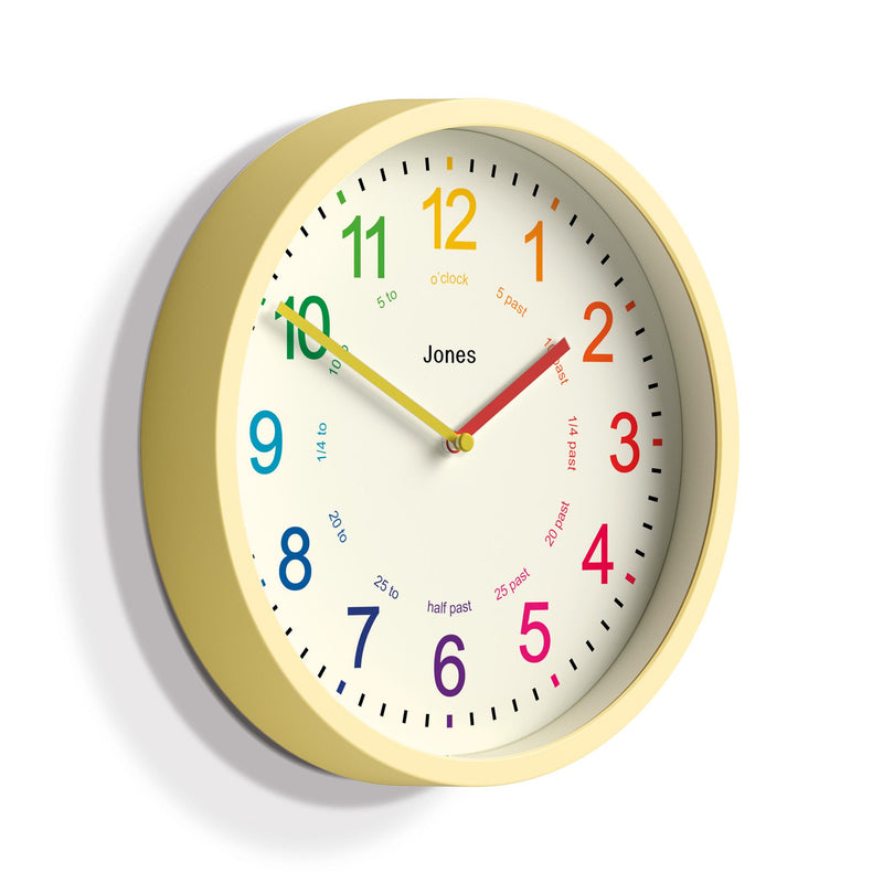 Jones Clocks kids analogue wall clock yellow, imported from the UK