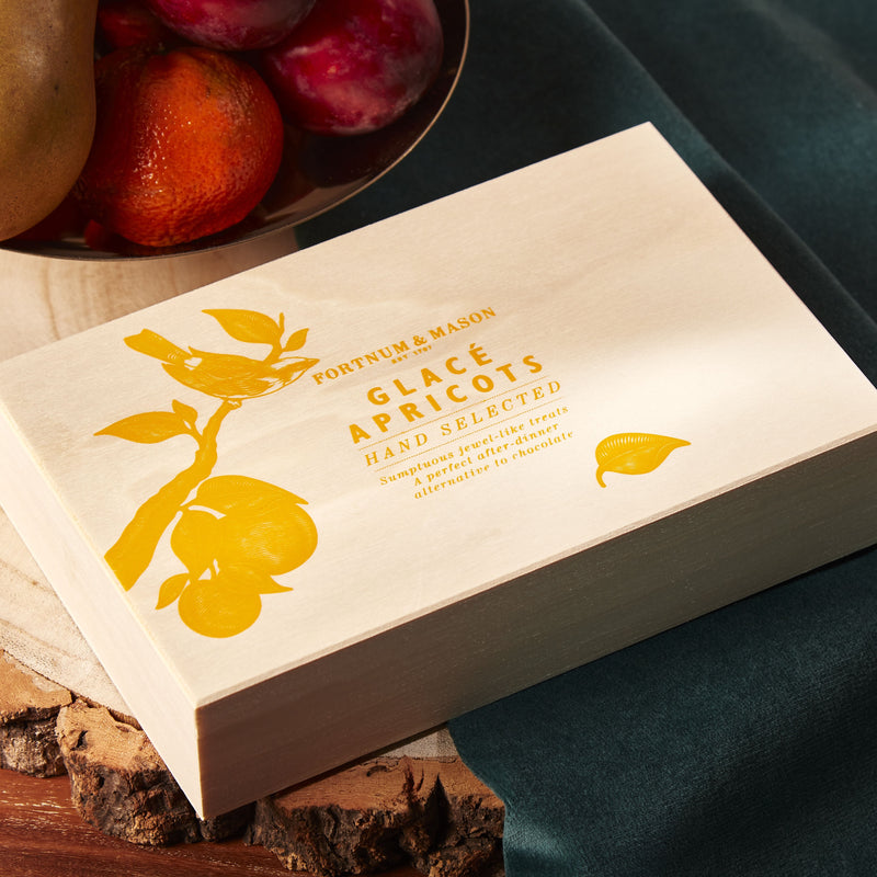 Glacé apricots in a wooden box, 500g, imported from the UK