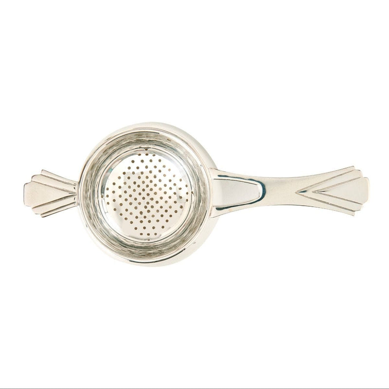 Silver-plated long-handled tea strainer with Art Deco detail - British product