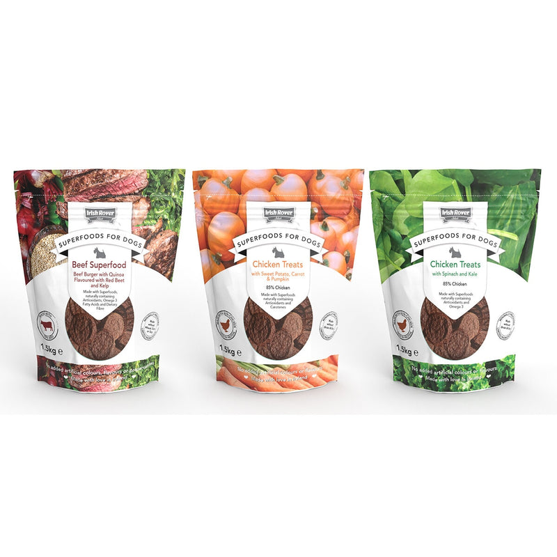 Irish Rover dog treats superfoods 3 flavours 1.5kg, imported from the UK