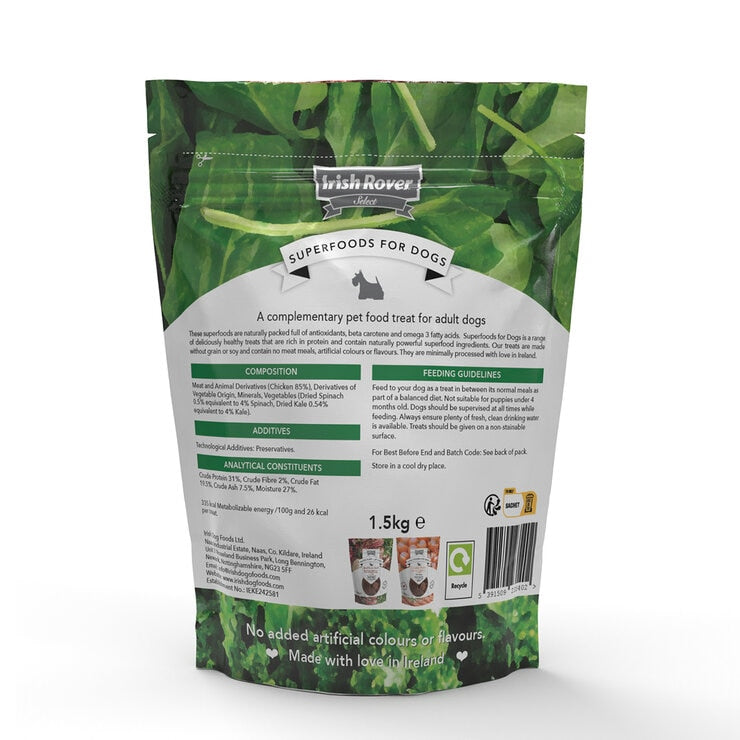 Irish Rover Chicken with Spinach and Kale dog treats 1.5kg, imported from the UK