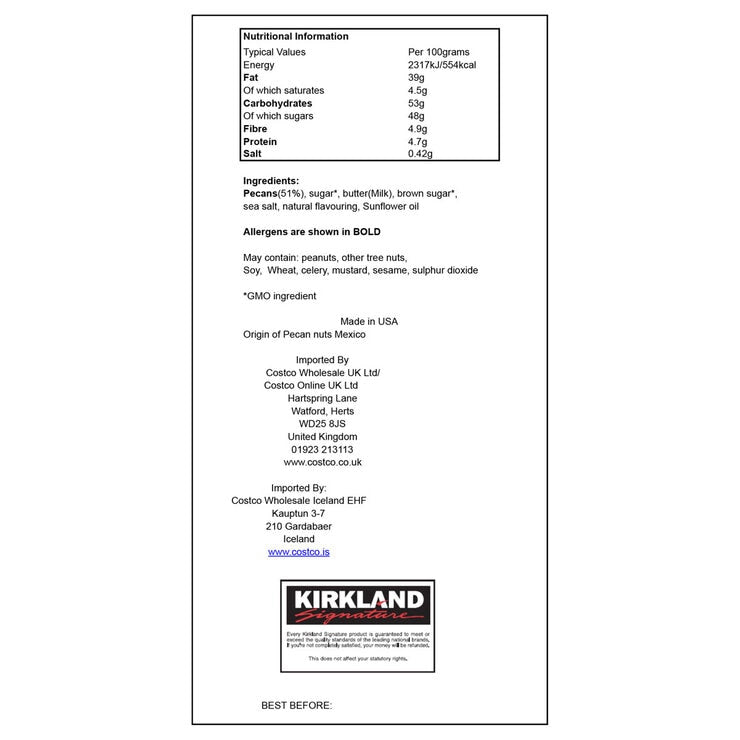 Kirkland Signature praline pecans 1.13kg, UK version