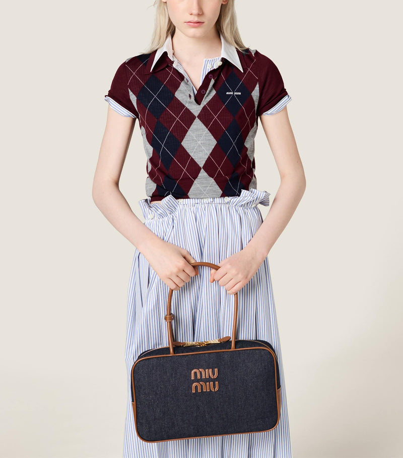 Miu Miu Beau denim top-handle bag with calf leather trims (British brand)