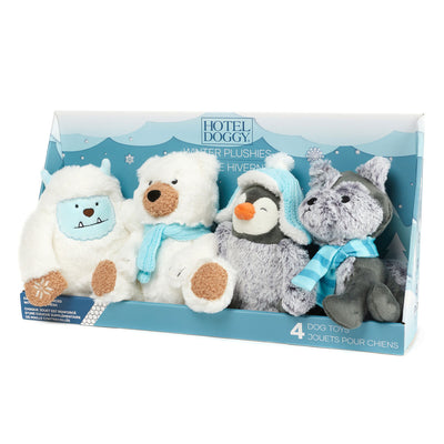 Costco UK Hotel Doggy Cozy Winter Plushies Yeti Polar Bear Penguin Husky 4 Pack- Buy online at McGrocer