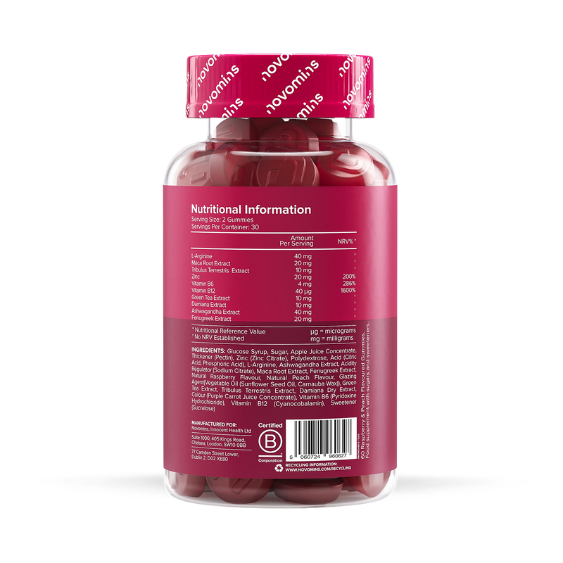 Novomins Libido gummies raspberry peach flavour 60 pack imported from the UK