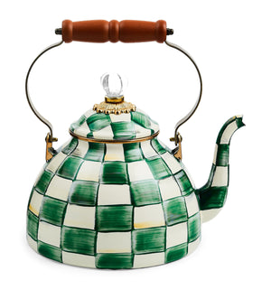 Emerald Check Three-Quart Tea Kettle with Glass Knob and Brass Accents
