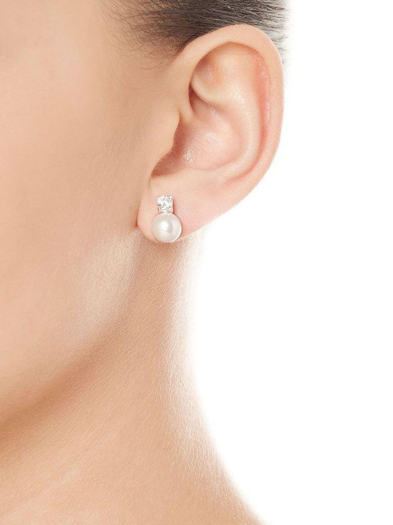 Silver simulated pearl and cubic zirconia drop earrings 12mm (British brand)