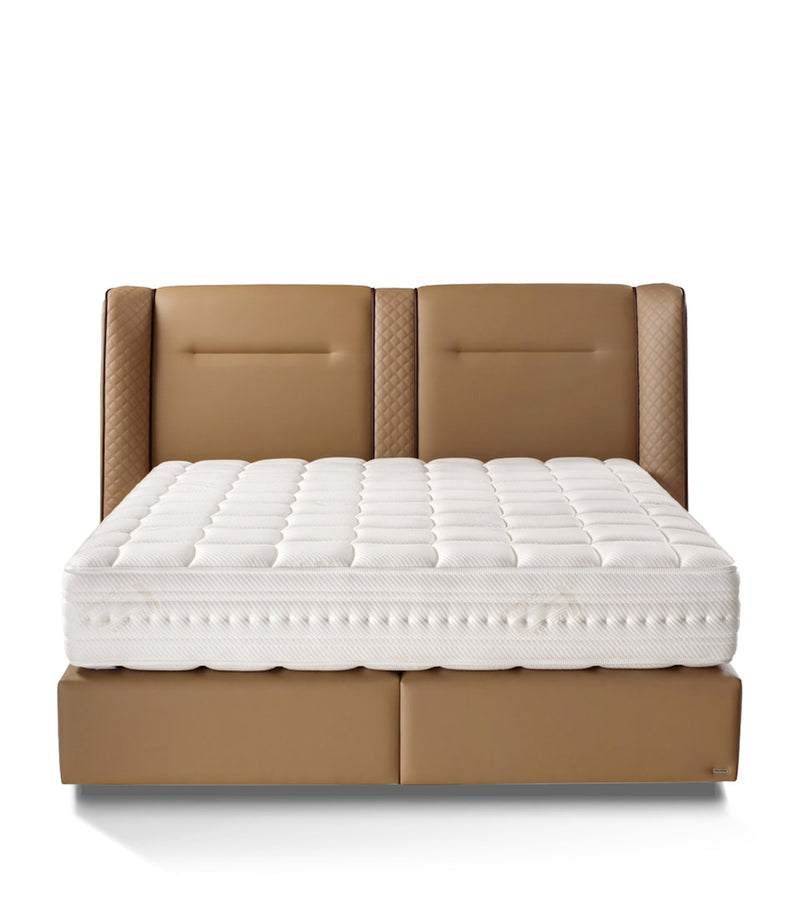 Solid Wood Bed Frame with Brass Inserts and Upholstered Headboard, Approx. 130x214x300cm