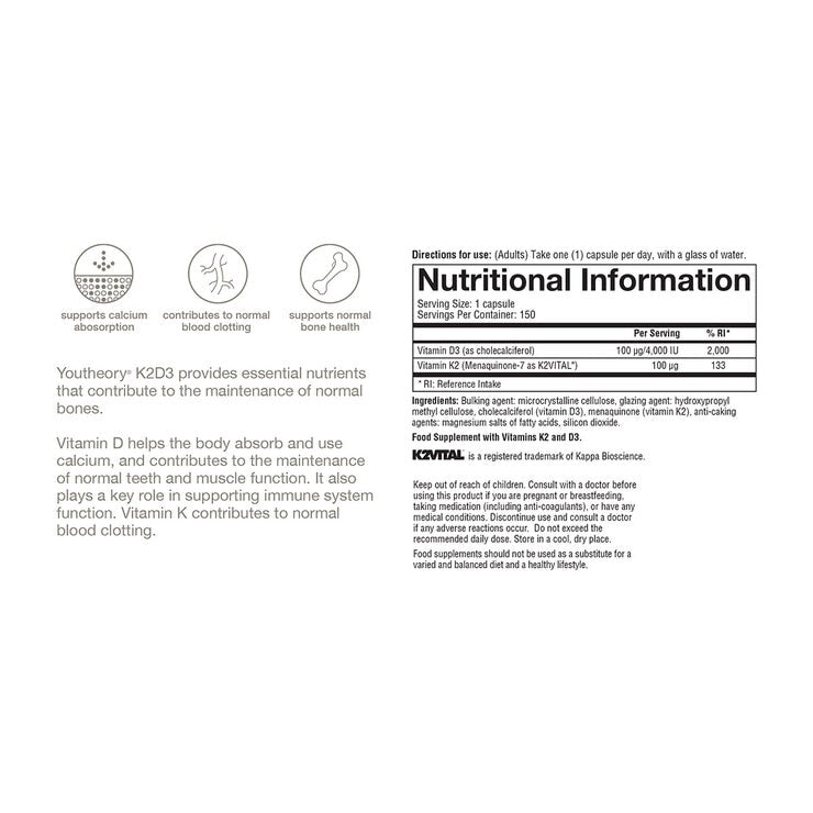 Youtheory K2D3 bone health supplement 150 count (British brand)