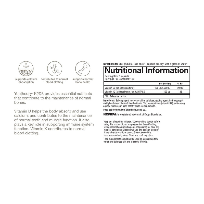 Youtheory K2D3 bone health supplement 150 count (British brand)