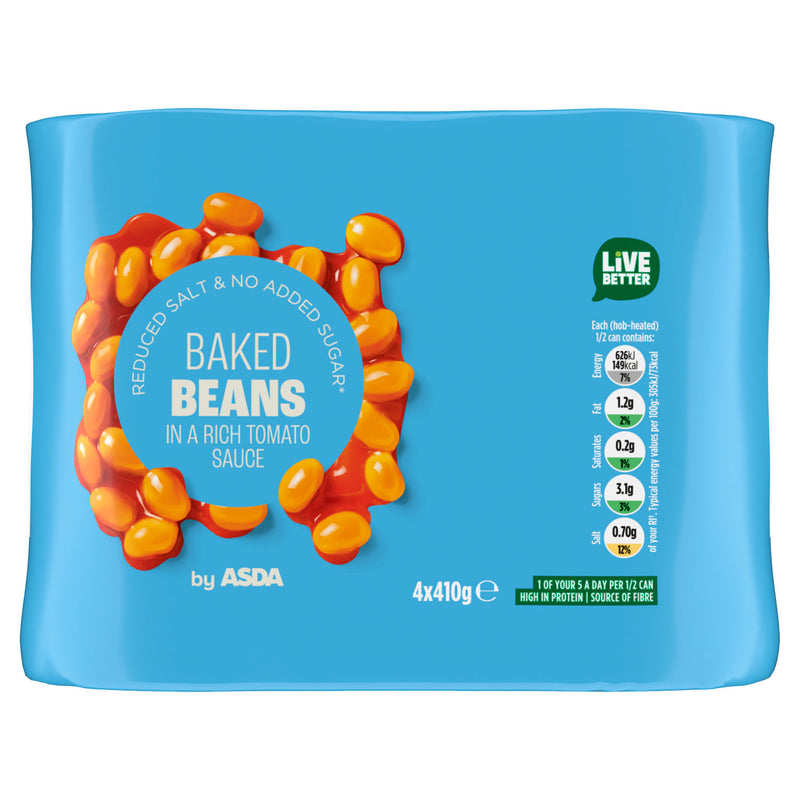 ASDA Baked Beans No Added Sugar 4 x 410g - British product