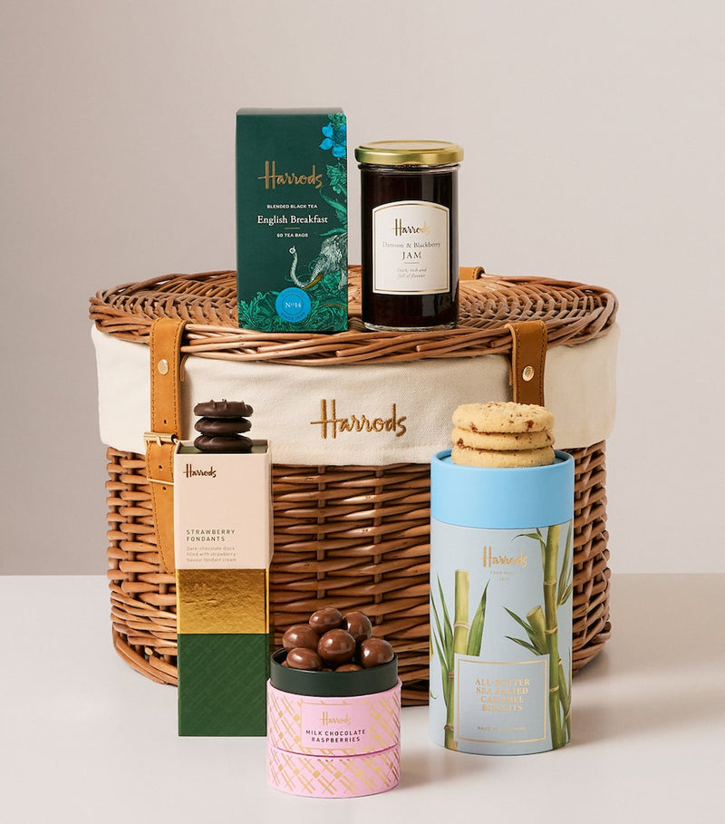 Harrods hamper with tea, biscuits, and jam, imported from the UK