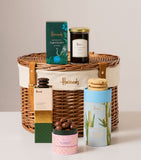 Harrods hamper with tea, biscuits, and jam, imported from the UK