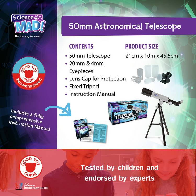 Science Mad 50mm telescope with tripod - British product